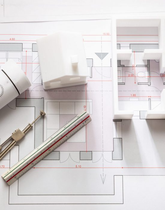 Residential building project architectural design, blueprint plans and house model, banner